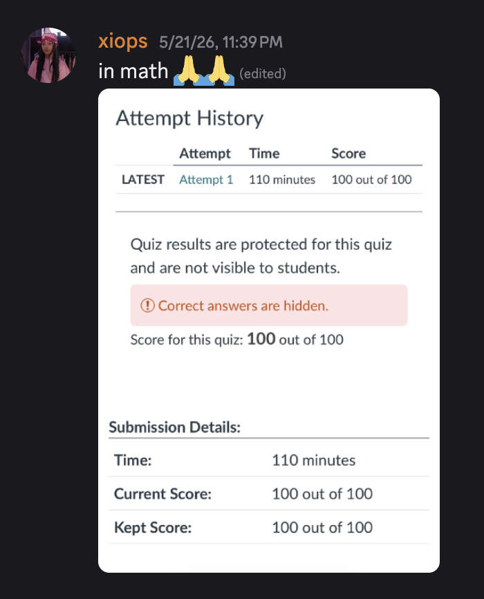 xiops: “in math 🙏🙏”, Attempt 1, 100 out of 100, correct answers hidden